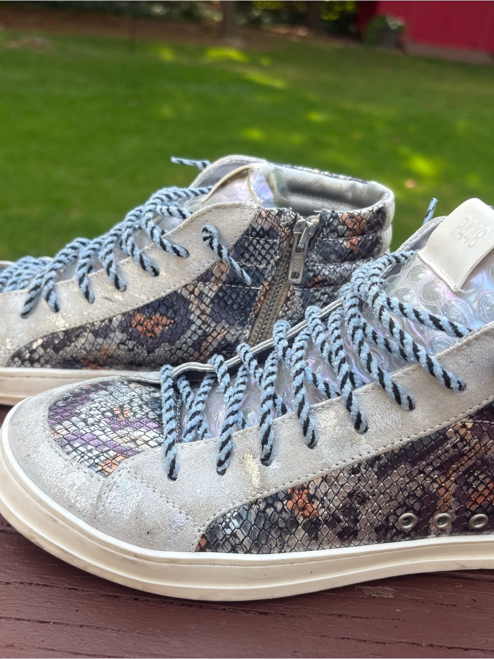 P448 Women's High-Top Sneakers in Silver and Blue Snake-Print